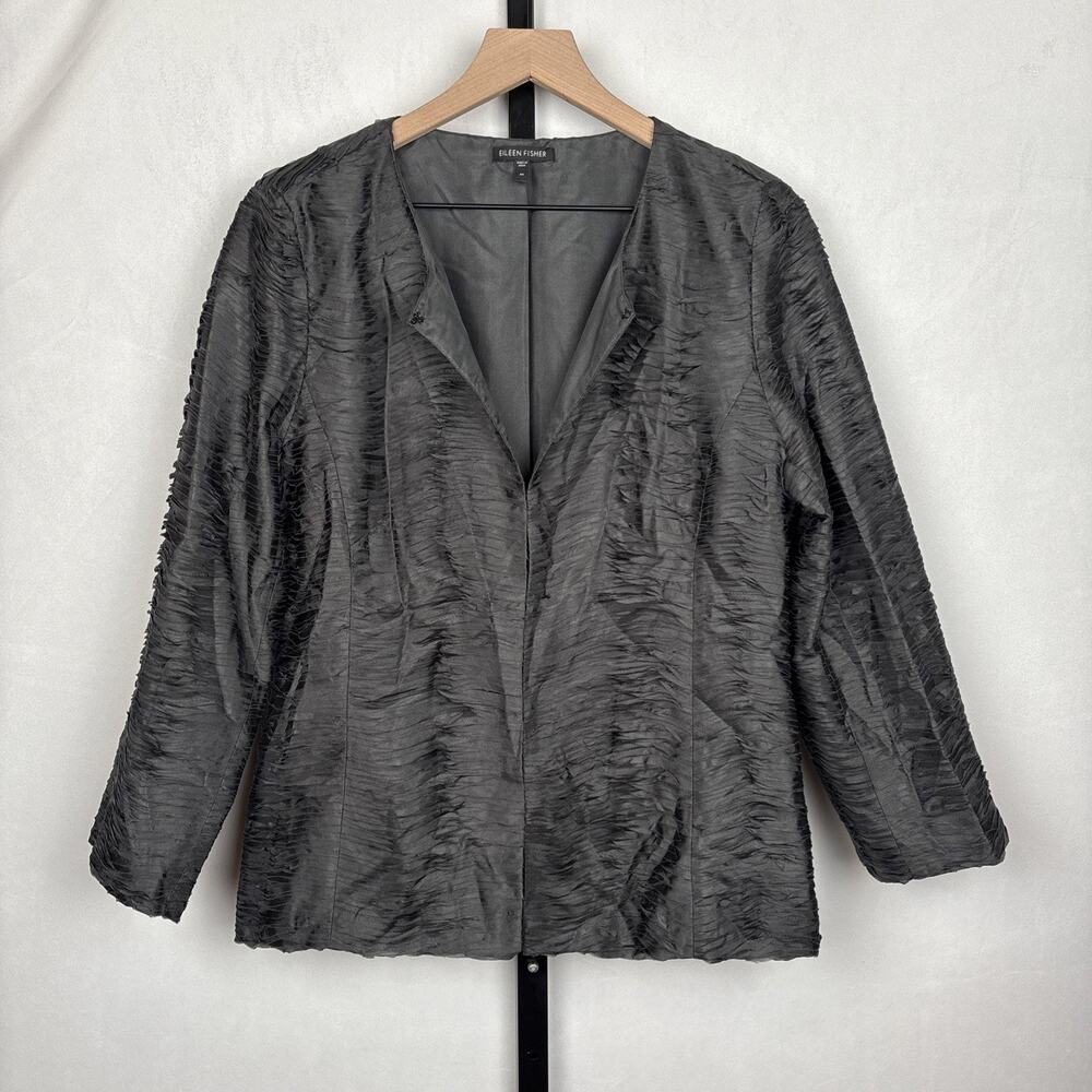 Eileen Fisher Bindu Silk Ripple Jacket Womens Medium Black Hook Closure Timeless
